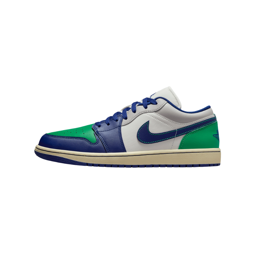 Multicolored sneaker with a prominent Nike logo on a white background